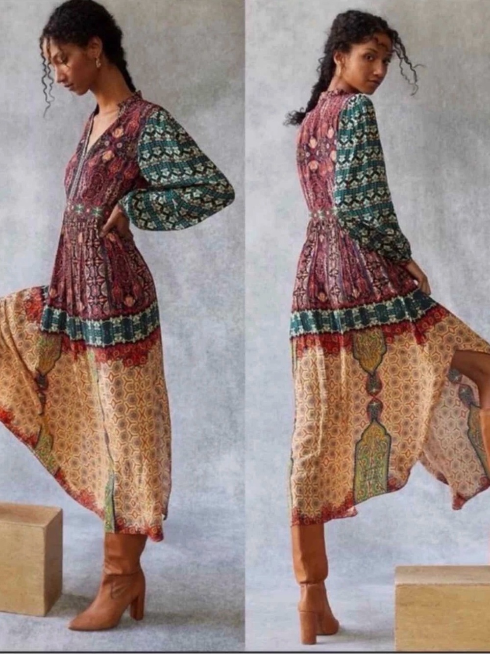Anthropologie Bhanuni by Jyoti Orange Combo Mixed Print Maxi Dress Size 4